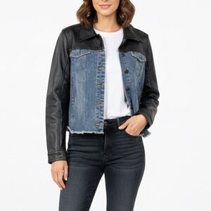 New Ava & Kris Leather Denim Trucker Jacket Blue Black Sz S